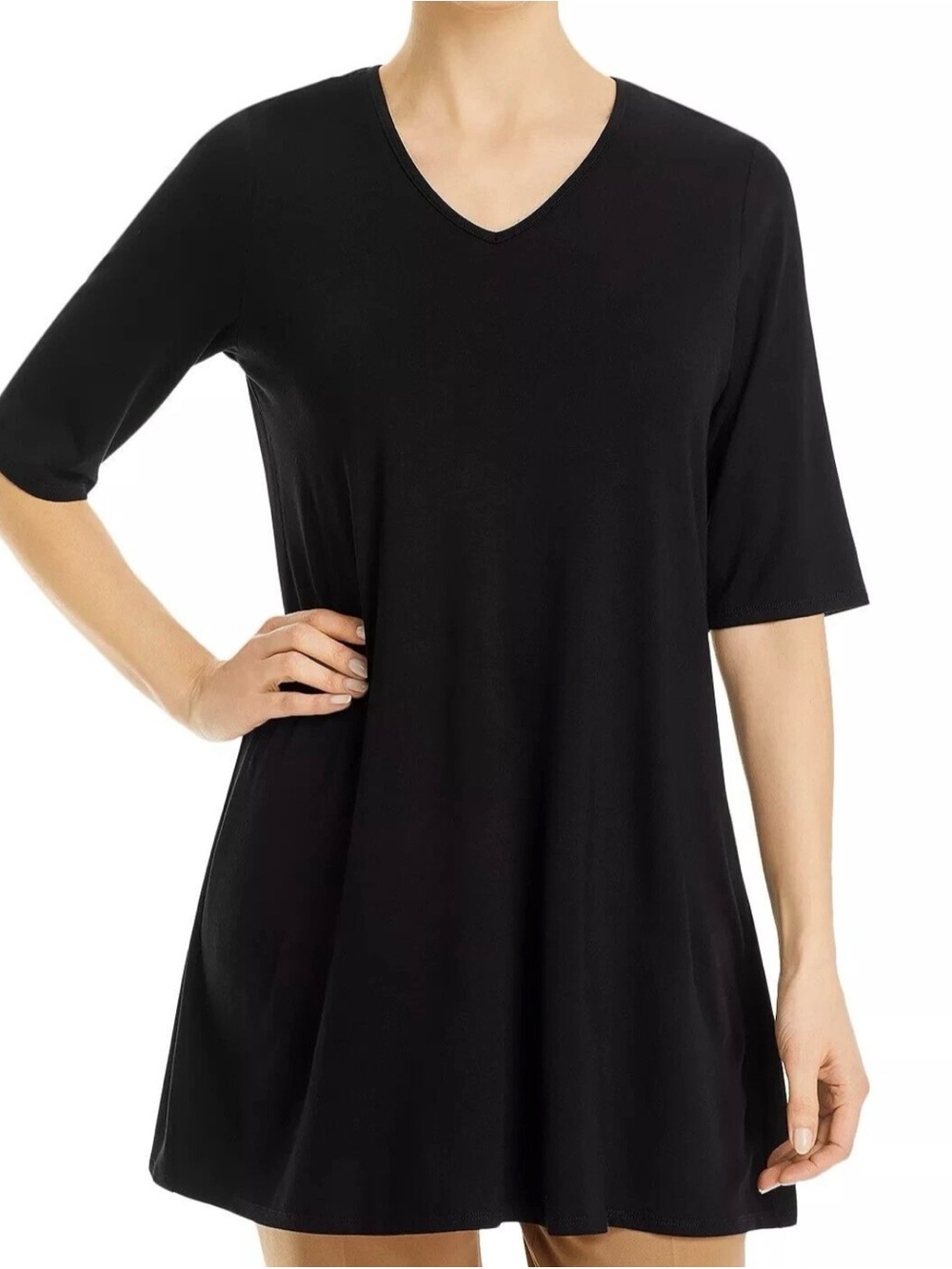 Eileen Fisher Black V-Neck Elbow Sleeve A-Line Swing Tunic M